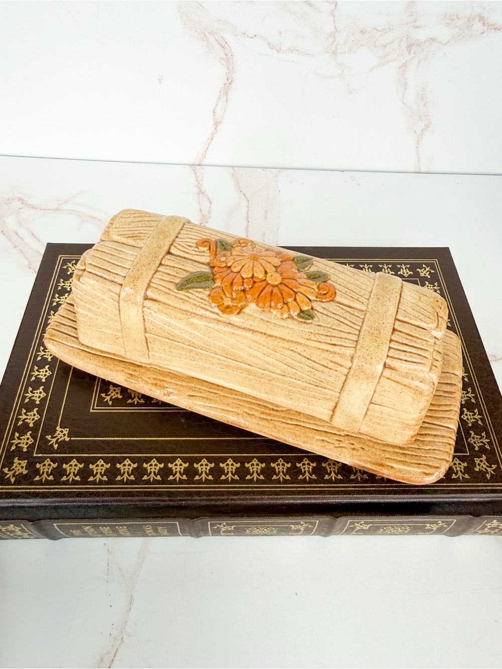 Vintage Atlantic Mold Hand Painted Ceramic Butter Dish Cottagecore Floral